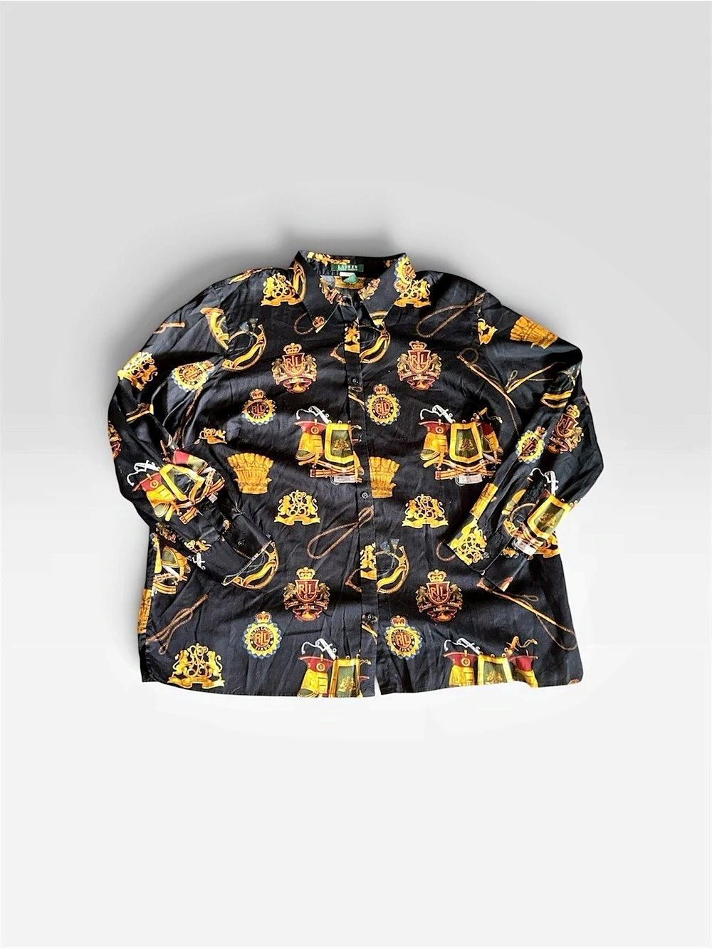 Lauren Ralph Lauren Printed Button Down Shirt Black & Gold Size 2X Like New